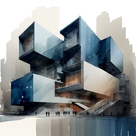 a modern building in the city, archwatercolor, watercolor, painting,