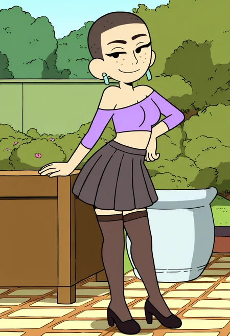 masterpiece, best quality, absurdes, 1girl, solo, rating_explicit, full body,
source_cartoon,
<lora:Kat (Craig of the Creek) (Illust):0.8> Kat_CotC, black eyes, freckles, very short hair, smile, black eyes,
beautiful, cute, crop top, off shoulder, pleated skirt, thigh highs, high heels, outdoors, smug, mature female, medium breasts,
<lora:Detailer_NoobAI_Incrs_v1:0.6> detailed,