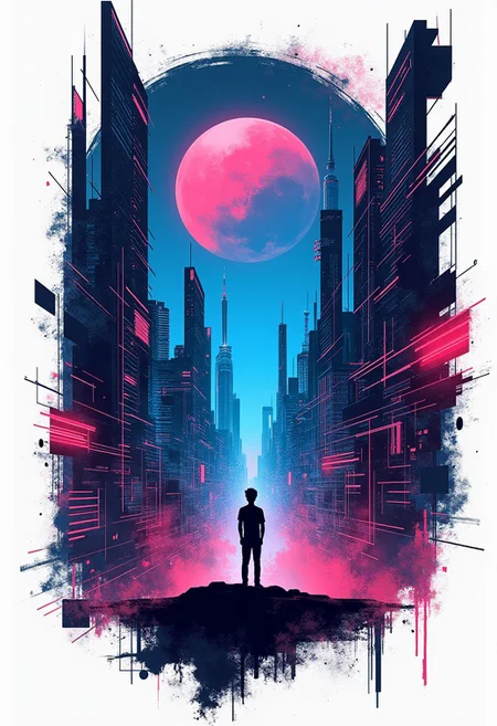 T-shirt design: a bold and dynamic t-shirt graphic featuring a futuristic city skyline at night, with neon lights glowing in shades of blue, pink, and purple. Incorporate abstract geometric shapes and digital patterns to give a cyberpunk vibe. In the background, include a large moon or glowing planet, while the foreground showcases a silhouette of a person looking up, adding a sense of wonder and exploration. The design should feel modern, tech-driven, and visually striking, with a mix of sleek minimalism and vibrant colour accents, transitioning into a collage of various abstract shapes and lines, with red accents, on white paper, composition includes black ink and bold strokes, creating an urban feel, geometric elements in the background, adding to its modern aesthetic, digital illustration technique, contemporary look and feel