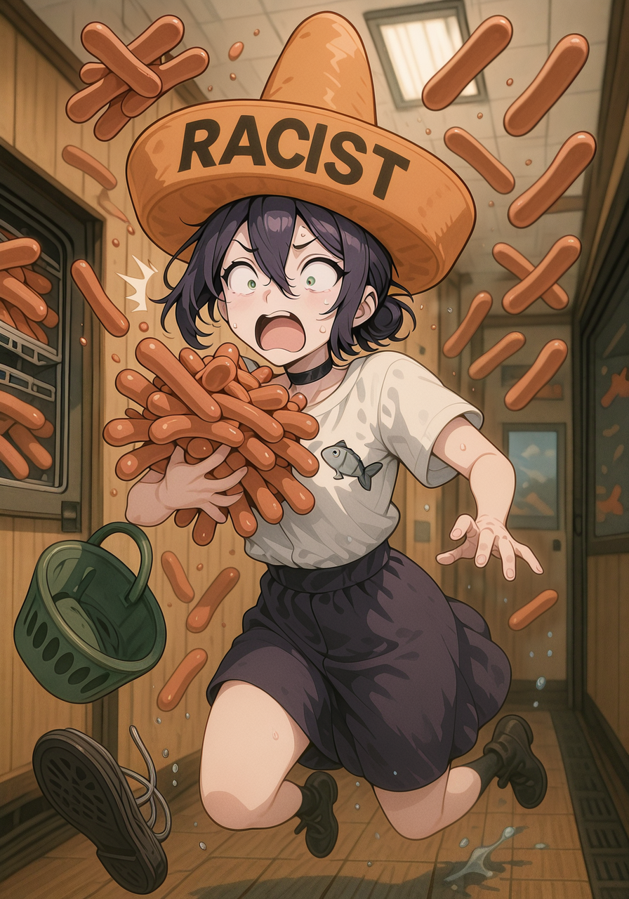 embedding:IllusP0s, racist sombrero, fish logo, reze, hot dogs, falling, surprised, 1girl, solo,<lora:hot dogs, falling, surprised_illustrious.safetensors:1.0:1.0> <lora:racist sombrero_illustrious.safetensors:1:1>