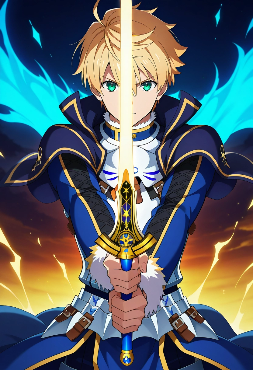 masterpiece, best quality, intricate details, anime screencap, anime coloring, official style, looking at viewer, 1boy, solo, male focus, <lora:arthur_pendragon_fate_ilxl:0.94>, arthur_pendragon_fate, blonde hair, green eyes, short hair, ahoge, hair between eyes, bangs, , holding sword, magical battlefield, glowing spells, ancient runes, swirling mist, dueling pose, fierce expression, enchanted light,