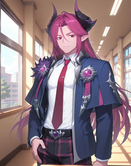 masterpiece,best quality,amazing quality, newest, very aesthetic, absurdres,
1boy, solo, yaoi, male focus, looking at viewer, cowboy shot,
<lora:Werner_Limit_Break_ilxl:1> wernerlb, pointy ears, long hair, red eyes, magenta hair, horns, demon boy, hair between eyes, mature male,
school uniform, white shirt, collared shirt, blue jacket, red necktie, black pants, plaid pants,
indoors, school, hallway, window, day, sun,