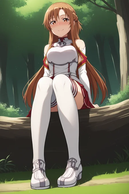 score_9, score_8_up, score_7_up, score_6_up, BREAK, AsunaSAOPXL, brown eyes, brown hair, long hair, bangs, french braid, medium breasts, white dress, breastplate, detached sleeves, white sleeves, red skirt, pleated skirt, white thighhighs, white shoes, solo, full body, sitting, ((bellow view)), seductive smile, looking at viewer, naughty face, nose blush, forest, tree <lora:AsunaSAOPXL:1>