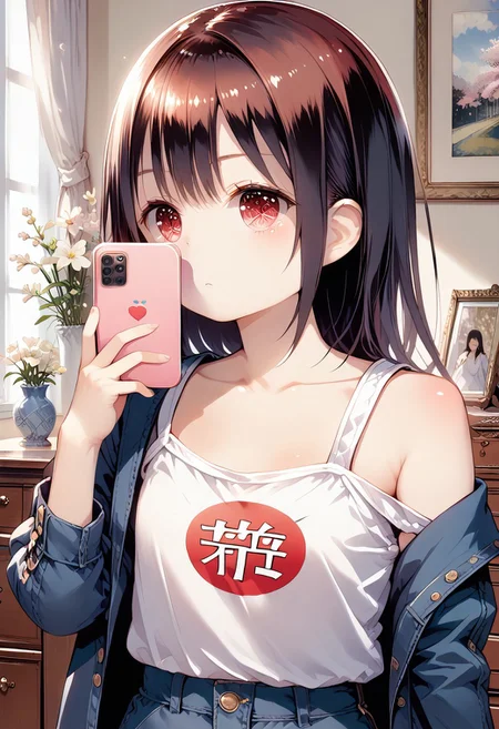 score_9, score_8_up, score_7_up, 1girl,FujisakaLP,high definition eyes, (masterpiece), (best quality), (ultra detailed),(disheveled hair),(illustration), (best shadow), detail1eye, Asian women pose in a room for a photo, ulzzang, sister looking in the mirror, 8K)), popular korean makeup, profile picture, beautiful girl, 8K selfie photo, cute - fine - face, popular korean makeup, Xision Wu, cute girl, korean girl, avatar profile picture, sakimichan, very high quality, super realistic realism, super refinement, high quality, 8k resolution, diverse style, bare shoulders without showing chest,
