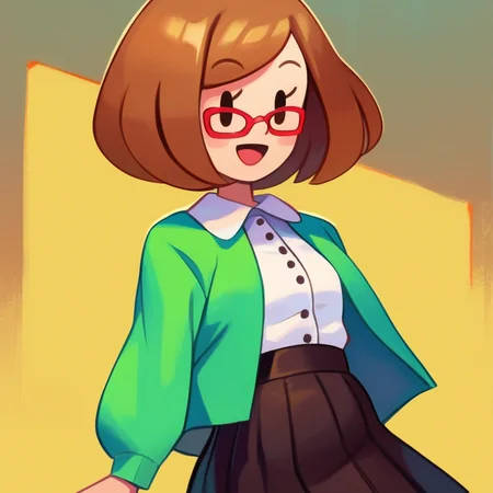 zPDXL, score_9_up, score_8_up, score_7_up, best quality, source_anime, yellow background, arms at sides, BREAK 1girl, solo, nikki_(/swapnote/), brown hair, dot eyes, red glasses, bob cut, white button shirt, green coat, long sleeves, skirt, smile, open mouth, looking at viewer, standing, portrait, <lora:PDXL_Nikki_Swapnote:1>