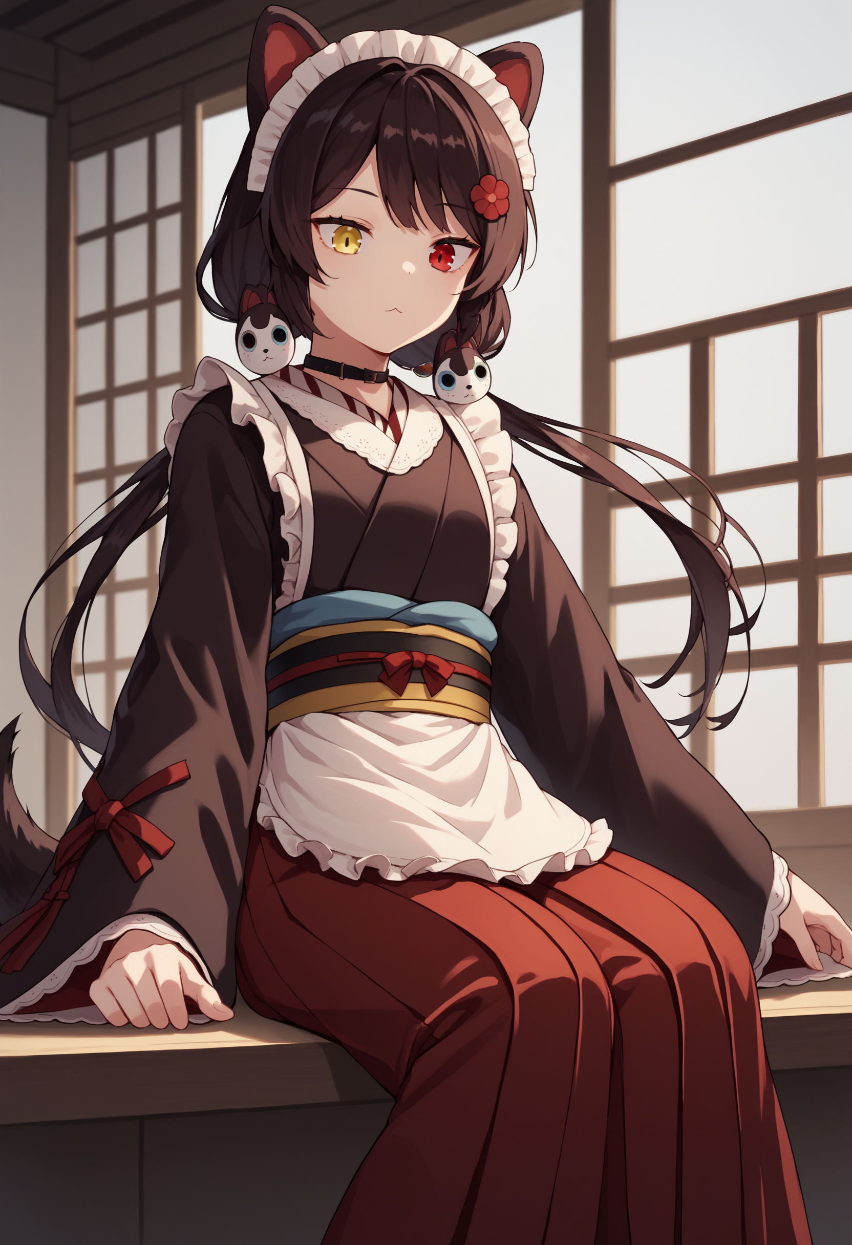 score_9, score_8_up, score_7_up, source_anime, it1, dog girl, heterochromia, yellow eyes, red eyes, animal ears, dog ears, brown hair, black hair, long hair, twintails, low twintails, flower, hair flower, red flower, hair ornament, dog tail, 
wa maid, maid headdress, choker, black choker, kimono, brown kimono, black kimono, wide sleeves, long sleeves, obi, apron, white apron, hakama, red hakama, skirt, red skirt, hakama skirt, frilled skirt, east asian architecture, sitting, close-up, looking down<lora:InuiTokoXLv2:1>