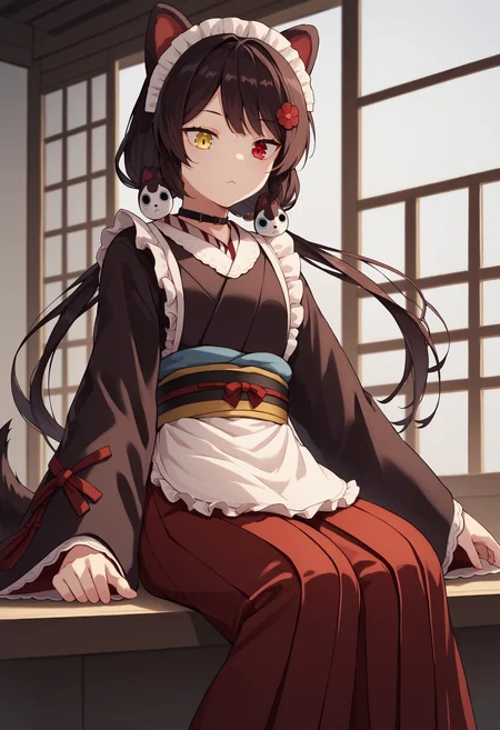 score_9, score_8_up, score_7_up, source_anime, it1, dog girl, heterochromia, yellow eyes, red eyes, animal ears, dog ears, brown hair, black hair, long hair, twintails, low twintails, flower, hair flower, red flower, hair ornament, dog tail,
wa maid, maid headdress, choker, black choker, kimono, brown kimono, black kimono, wide sleeves, long sleeves, obi, apron, white apron, hakama, red hakama, skirt, red skirt, hakama skirt, frilled skirt, east asian architecture, sitting, close-up, looking down<lora:InuiTokoXLv2:1>