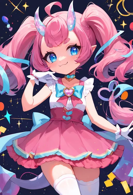 score_9, score_8_up, score_7_up, colorful, masterpiece, perfect face, post processing, slender thighs, skinny,
circus bedroom background, daytime, looking at viewer,
Cute pose, dancing,
smug face, (pastel colors),
(chibidokidef, light pink hair, bow, thick eyebrows, horns, gloves, tail, pink skirt, white thighhighs, choker, light blue eyes),
1 girl, solo, Expressiveh, AissistV2