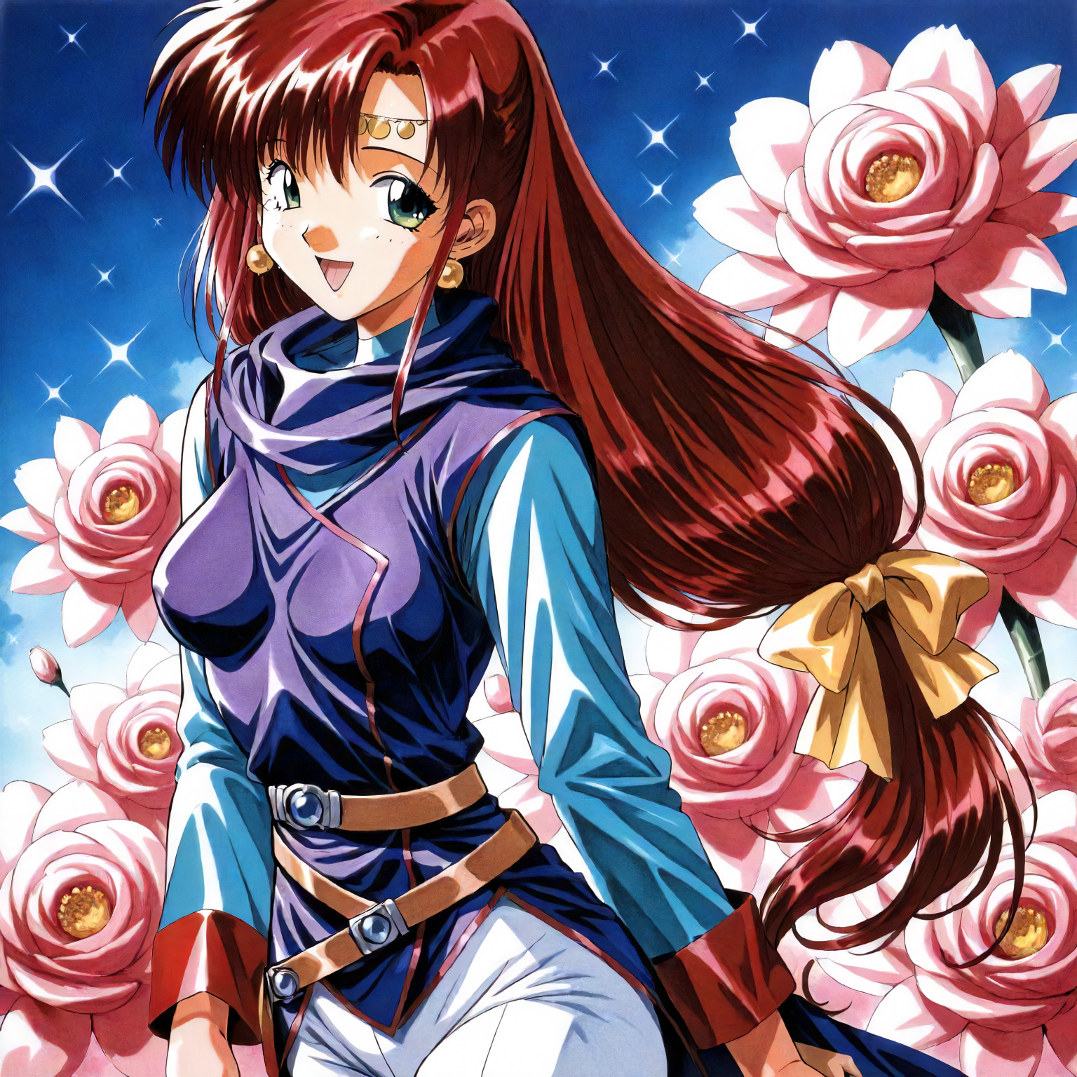 <lora:RC_elenoa_ranXLanimagine001>,
masterpiece,high score,great score,absurdres,
flower background,glitter,
smile,
looking at viewer,
solo,
anime coloring,retro artstyle,1990s (style),
elenoa_ran\(rance_series\),1girl,red hair,circlet,low-tied long hair,hair_bow,green eyes,earrings,
blue scarf,white shirt,turtleneck,long_sleeves,blue vest,belt,
white pants,
cowboy shot,
standing,