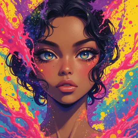 extreme quality, cg, detailed face+eyes, (bright colors), splashes of color background, colors mashing, paint splatter, complimentary colors, electric, neon, magical, (thunder cat), impatient, (limited palette), synththwave, masterpiece, fine art, tan skin, upperbody