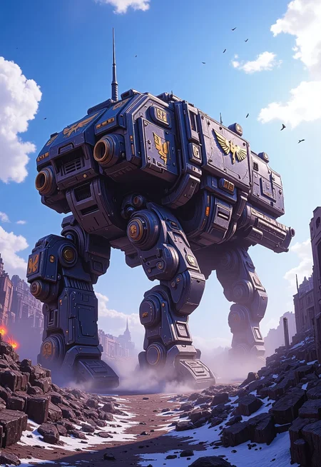 (Masterpiece, ultra-realistic, 32k, best quality, hyper-detailed, cinematic lighting, intricate textures, photorealistic, dramatic composition, immersive depth, trending on ArtStation.)
A brutalist walking Mech, strides across a post-apocalyptic wasteland. Its massive armored frame, adorned with gilded plating, pulses with glowing cybernetic runes, blending divine authority with cold mechanical precision.
The battlefield is a war-torn ruin, where shattered monoliths and cybernetic decay litter the ground. A vast blue sky looms above, as sunrise light pierces the dust-filled air, casting ethereal white and purple flares. Snow and embers swirl in the wind, drifting through the ashen remnants of a fallen civilization.
armed with Bolter gun.
A dynamic wide-angle shot, with volumetric lighting, deep atmospheric contrast, and high cinematic tension, captures the monumental scale of this gothic-cybernetic war titan.
