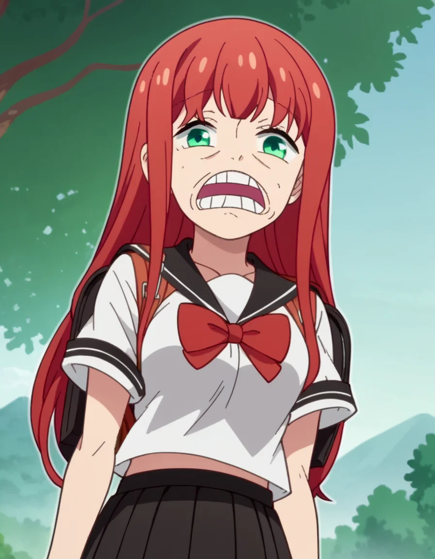 score_9, score_8_up, score_7_up, source_anime, <lora:yuki-minagawa-s1-ponyxl-lora-nochekaiser:1>, yuki minagawa, long hair, bangs, green eyes, red hair, medium breasts, anime screencap, skirt, school uniform, serafuku, black skirt, pleated skirt, red bowtie, black sailor collar, white shirt,, mountain trail, hiking, nature, backpack, adventure, fresh air, , <lora:strawhat-huh-face-ponyxl-lora-nochekaiser:1> strawhat huh face, strawhat huh face, open mouth, teeth,, looking at viewer, solo,, dutch angle, cowboy shot