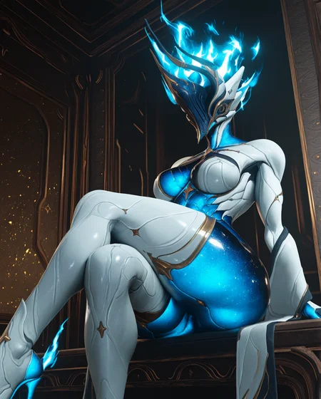 masterpiece, best quality,3d, realistic,  emberheirloom,1girl, white clothes, blue glowing body, fiery hair, cosmic body pattern, ornamented helmet, kimono sleeves, sitting, crossed legs, fiery high heels, white thighhighs, thick thighs <lora:EmberHeirloomIL:1>