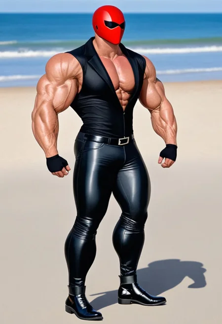 1man, black pants, gloves, pants, black leather gloves, tight black clothes, black opened leather blazer jacket, male focus, helmet, (black opened tuxedo leather blazer, tight black tuxedo shirt, standing, muscular male, muscular, huge biceps, bara, black leather gloves, black leather pants, black men leather shoes:1.8), black leather blazer jacket, tight black latex shirt, tight pants, standing up, flexing, taut black clothes, boots, large pectorals, large biceps, black opened leather blazer jacket, taut black latex shirt, black footwear, (sleek red Red Hood motorcycle helmet with solid white eye lenses, completely covers mouth:1.7), tropical beach<lora:KoraPhotography_PonyXL-000016:0.8>