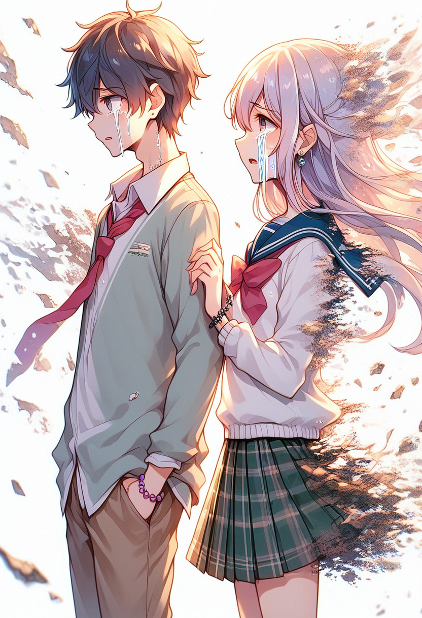 score_9, score_8_up, score_7_up, source anime, dissolving, disintegration, 1girl, 1boy, necktie, crying, skirt, tears, school uniform, long hair, crying with eyes open, jewelry, bracelet, shirt, bow, looking at another, pleated skirt, pants, bowtie, serafuku, chromatic aberration, short hair, long sleeves, sailor collar, collared shirt, holding hands, plaid, plaid skirt, bead bracelet, white background, parted lips, from side, simple background, eye contact, blush, earrings, cowboy shot, profile, hair between eyes, greyscale, beads, open mouth, <lora:dissolving-xl-pony-v2-000008:1.1>,