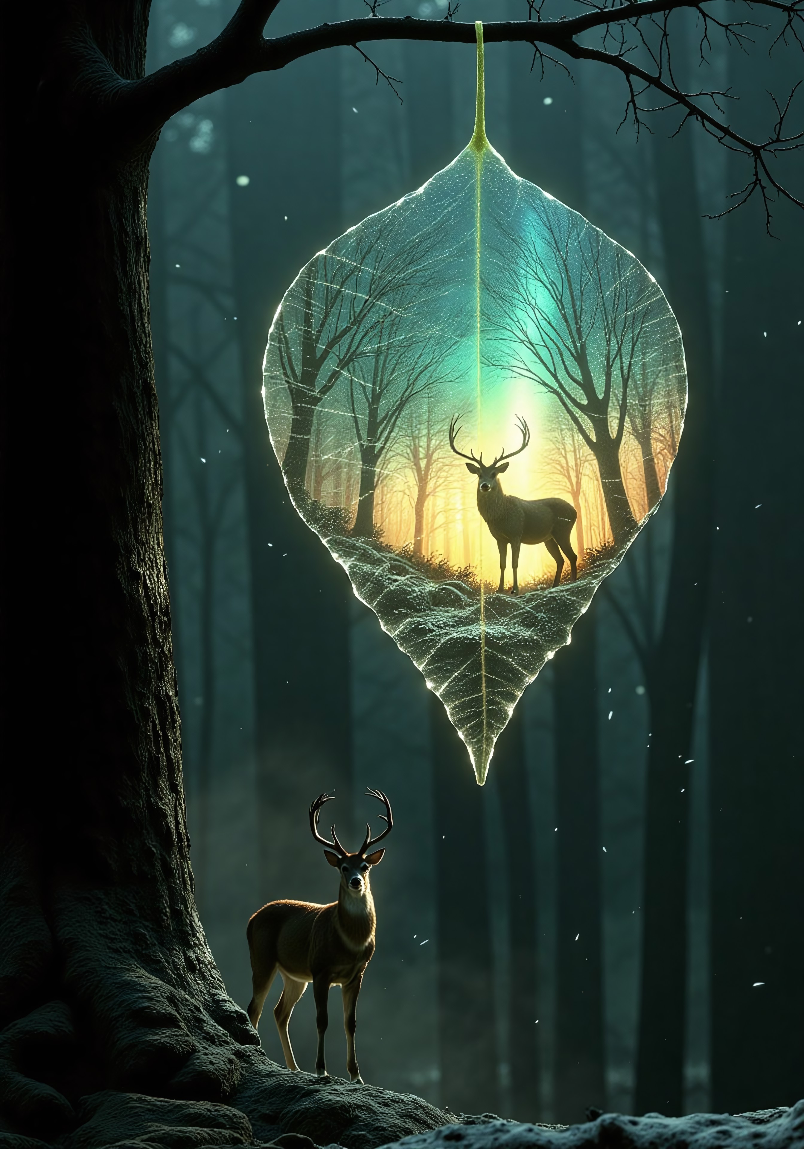 surreal fantasy scene depicts majestic deer standing peacefully within a forest setting, framed intricately by a large translucent leaf. The leaf, suspended from a dark tree branch, showcases the glowing forest landscape, detailed with subtle vein structures. The foreground reveals a tree trunk with textured bark on the left. The deer stands proudly, its antlers reaching towards a vibrant, aurora borealis-lit sky in shades of teal and turquoise.  Sparse snowflakes delicately fall, enhancing the serene winter ambiance. The composition captures an impressionistic softness, with dreamy lighting evoking a fairytale-like mood. Cold and contrasting shades of greens, blues, oranges, and browns dominate to establish the crisp winter time of image