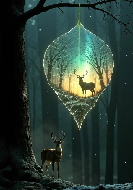 surreal fantasy scene depicts majestic deer standing peacefully within a forest setting, framed intricately by a large translucent leaf. The leaf, suspended from a dark tree branch, showcases the glowing forest landscape, detailed with subtle vein structures. The foreground reveals a tree trunk with textured bark on the left. The deer stands proudly, its antlers reaching towards a vibrant, aurora borealis-lit sky in shades of teal and turquoise.  Sparse snowflakes delicately fall, enhancing the serene winter ambiance. The composition captures an impressionistic softness, with dreamy lighting evoking a fairytale-like mood. Cold and contrasting shades of greens, blues, oranges, and browns dominate to establish the crisp winter time of image