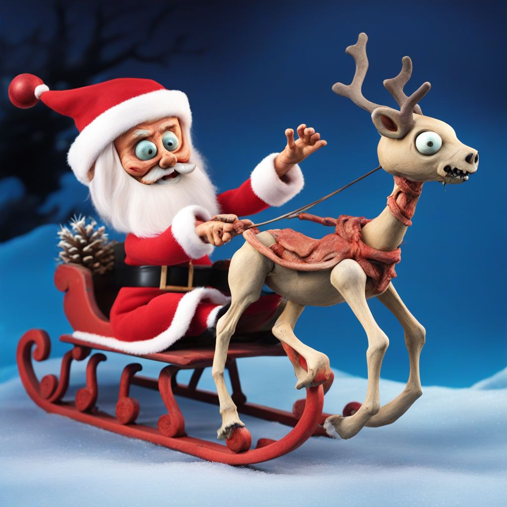 Zombie Santa on a sledge carried by a skeletal demonic fiery reindeer ClaymationX  <lora:SDXL-ClaymationX-Lora-000002:0.8>