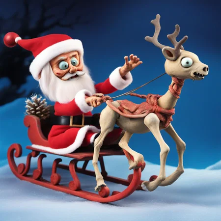 Zombie Santa on a sledge carried by a skeletal demonic fiery reindeer ClaymationX  <lora:SDXL-ClaymationX-Lora-000002:0.8>