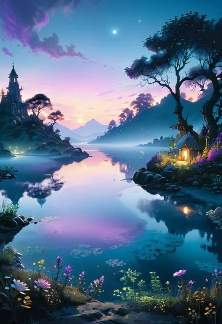 Generate an enchanting and surreal depiction of a world locked in perpetual twilight. Picture a captivating landscape where the boundaries between day and night blur into an everlasting twilight. The sky should be a mesmerizing blend of deep blues and soft purples, with a faint, ethereal glow on the horizon. Show a mystical terrain, featuring delicate, bioluminescent flora and fauna that illuminate the landscape with gentle, otherworldly radiance. Let the scene emanate a sense of tranquility, mystery, and a touch of magic. Focus on intricate details and realism to create an image that transports viewers to this captivating twilight realm<lora:xl_more_art-full_v1:0.3> <lora:MJ52:0.4> <lora:last:0.8>