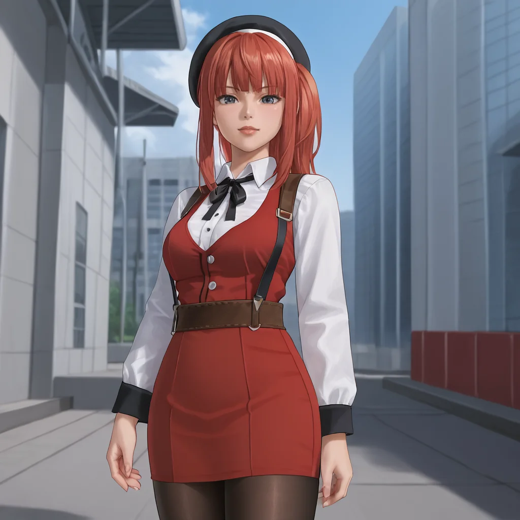 <lora:karinshadowheart_pony_v1:.8>KarinShadowHeart, 1girl, solo, red hair, ponytail, cowboy shot, facing the viewer,  <lora:0902 Home wear 5_v1_pony:1> ruanyi0902,beret,black ribbon,collared shirt,black pantyhose,high-waist skirt,white shirt,suspenders