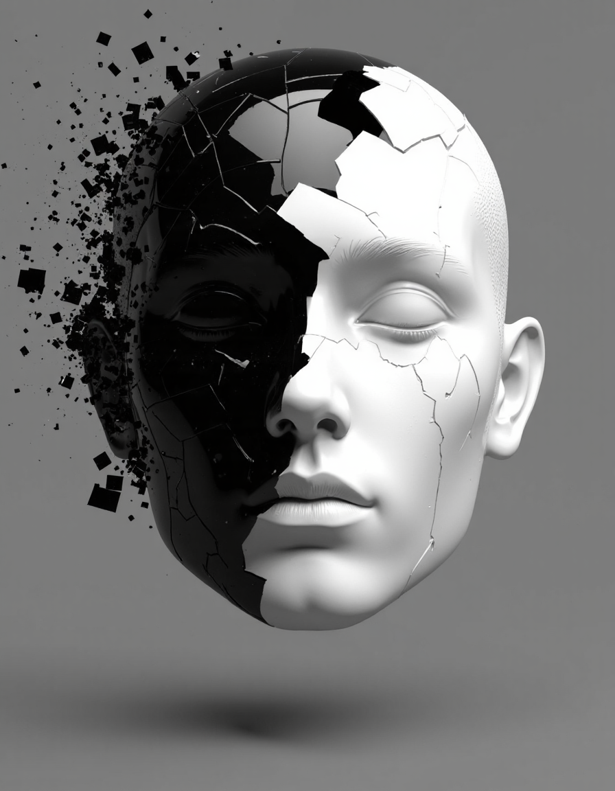 A surreal, futuristic human head dissolving into reflective shards from the left side. The highly stylized face, constructed from mirror-like fragments, creates a visually compelling metaphor for disintegration, identity loss, or technological transformation. The black-and-white palette, coupled with reflective surfaces and high contrast, gives the artwork a cold, mechanical atmosphere, while the flowing fragmentation introduces a sense of emotional tension and conceptual depth.