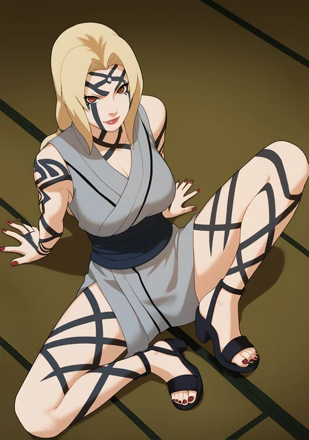 first-person perspective, Perfect Hands,Perfect feet, score_9, score_8_up, score_7_up, score_6_up, score_anime,1girl, blonde hair, tsunade (naruto),tsunade's Default Dressing \(clothes\), solo, sitting,forehead protector,,blone hair,black sandals,red nails,leg up, spread legs, facial mark,<lora:tsunade_train_v5-000009:0.9>, sitting, tsunade's sandals \(sandals\),from above, forehead mark,(tattoos:0.6, Byakugou noJutsu)ï¼<lora:Perfect Hands:0.8> <lora:Smooth_Anime_2_Style_SDXL_LoRA_Pony_Diffusion_V6_XL:0.8> ï¼