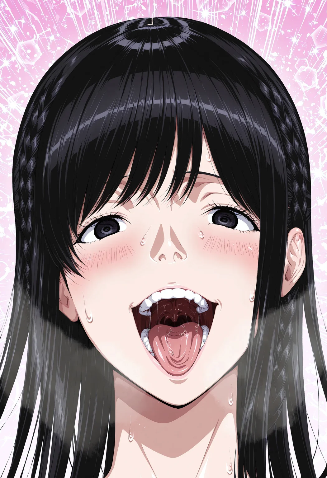 ultra-detailed,detailed face, score_9, score_8_up, score_7_up, source_anime,(extremely detailed CG), (best quality),
1girl, solo, black hair, long hair, braid, smile, pink background, portrait, open mouth, bangs, black eyes, looking at viewer, blush, shiny hair, shiny, mai,nude,
open mouth, ahegao, sweat, uvula, tongue, blush, implied sex, long hair, teeth, saliva, 