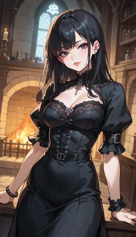 score_9, score_8_up, score_7_up, Anime Style, Cowboy Shot, girl, gothic, cute, seductive, innocent, light smile:0.3, plump lips, slender body, pale skin, long straight black hair, bangs, black goth dress, medieval theme, fire in the fireplace background, depth of field, dynamic angle, fashion photography, sharp, hyperdetailed:1.15
