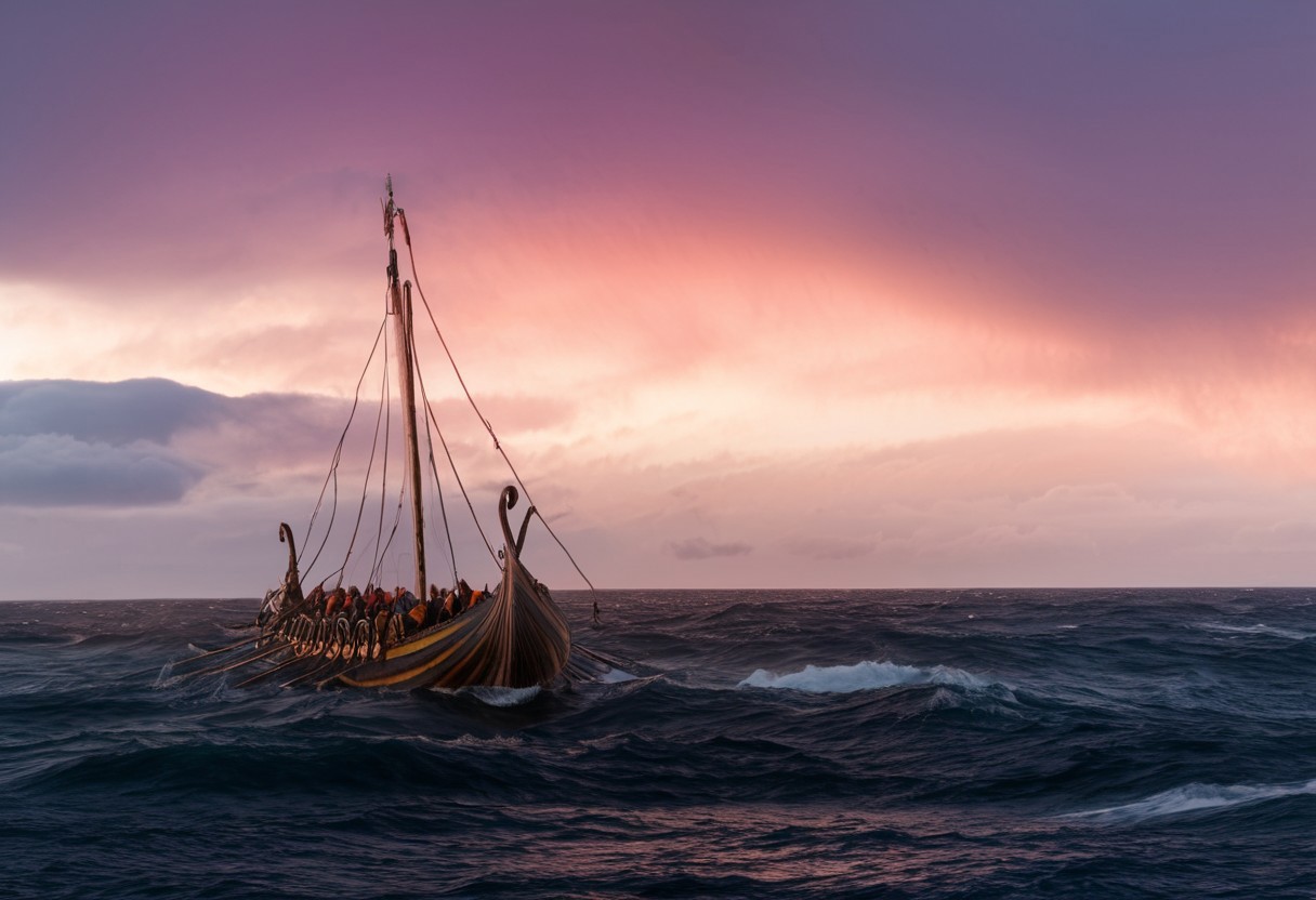 viking ship in front of the sunset, setting on the horizon, (one translucent square sail), men on board, oar, round shields on the side, (dragon head on the bow), crashing waves, rough seas, warm orange and pink hues casting a beautiful glow, cinematic lighting, ethereal atmosphere, subsurface scattering, sss, translucent, landscape, along the coastline of iceland), (smoke, volumetric fog), stormfront and (lightning in the distance:1.2), (illumination, insane, stunning, dramatic, completed artwork), perfect vivid gradient colors, a finished masterpiece of art, Masterpiece, Highly Detailed, Ultra-Detailed, Cinematic Lighting, Hdr, Sharp Focus, <lora:Viking_Ship:1>, <lora:sss:0.8>