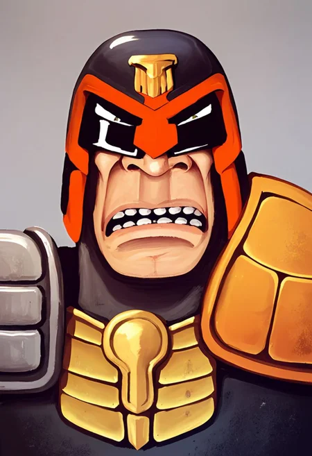 score_9, score_8_up, score_7_up, judge dredd, armor, helmet, scowling, black visor, upper body shot, lozhkin, big smile, open mouth, teeth,