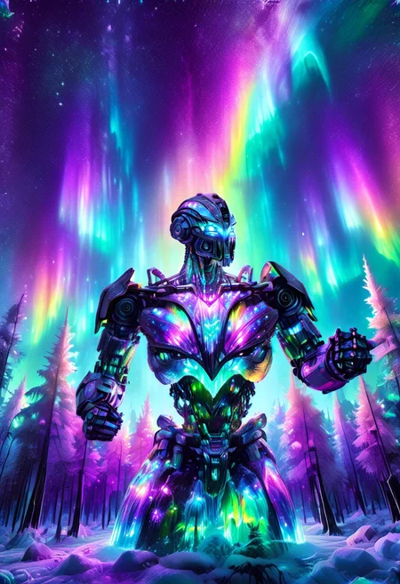 lazympos, morph-aurora, A platinum-tier simple robot with bioluminescent fur prowls through an aurora-lit crystal forest, prismatic light shards refract through ice formations, glowing celestial patterns dance across its obsidian collar, hyper-detailed fur texture with rainbow iridescence, 8k resolution.