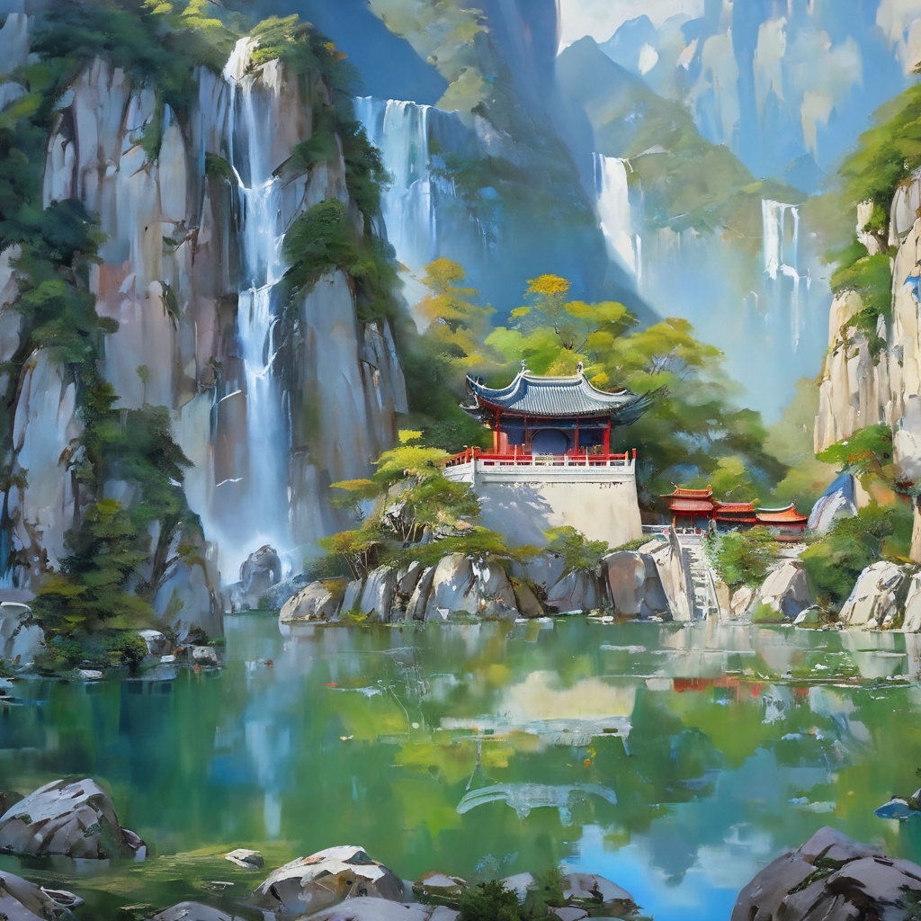 backround,CG,wuxiaworld,chinese old buliding,pond,waterfall come from the mountain top,panorama,ray tracing,reflection light,polar opposites,8K,masterpiece,best quality,high quality,high details,super detail,highres,UHD,bichu,oil painting,<lora:bichu230728-000006_0.5+bichu230729-000008_0.5:0.7>,