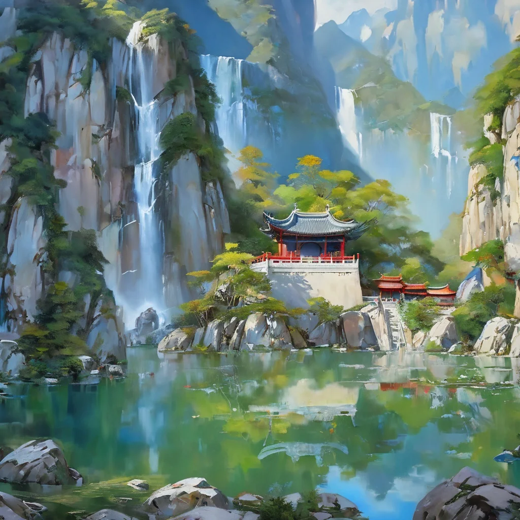 backround,CG,wuxiaworld,chinese old buliding,pond,waterfall come from the mountain top,panorama,ray tracing,reflection light,polar opposites,8K,masterpiece,best quality,high quality,high details,super detail,highres,UHD,bichu,oil painting,<lora:bichu230728-000006_0.5+bichu230729-000008_0.5:0.7>,
