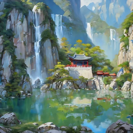backround,CG,wuxiaworld,chinese old buliding,pond,waterfall come from the mountain top,panorama,ray tracing,reflection light,polar opposites,8K,masterpiece,best quality,high quality,high details,super detail,highres,UHD,bichu,oil painting,<lora:bichu230728-000006_0.5+bichu230729-000008_0.5:0.7>,