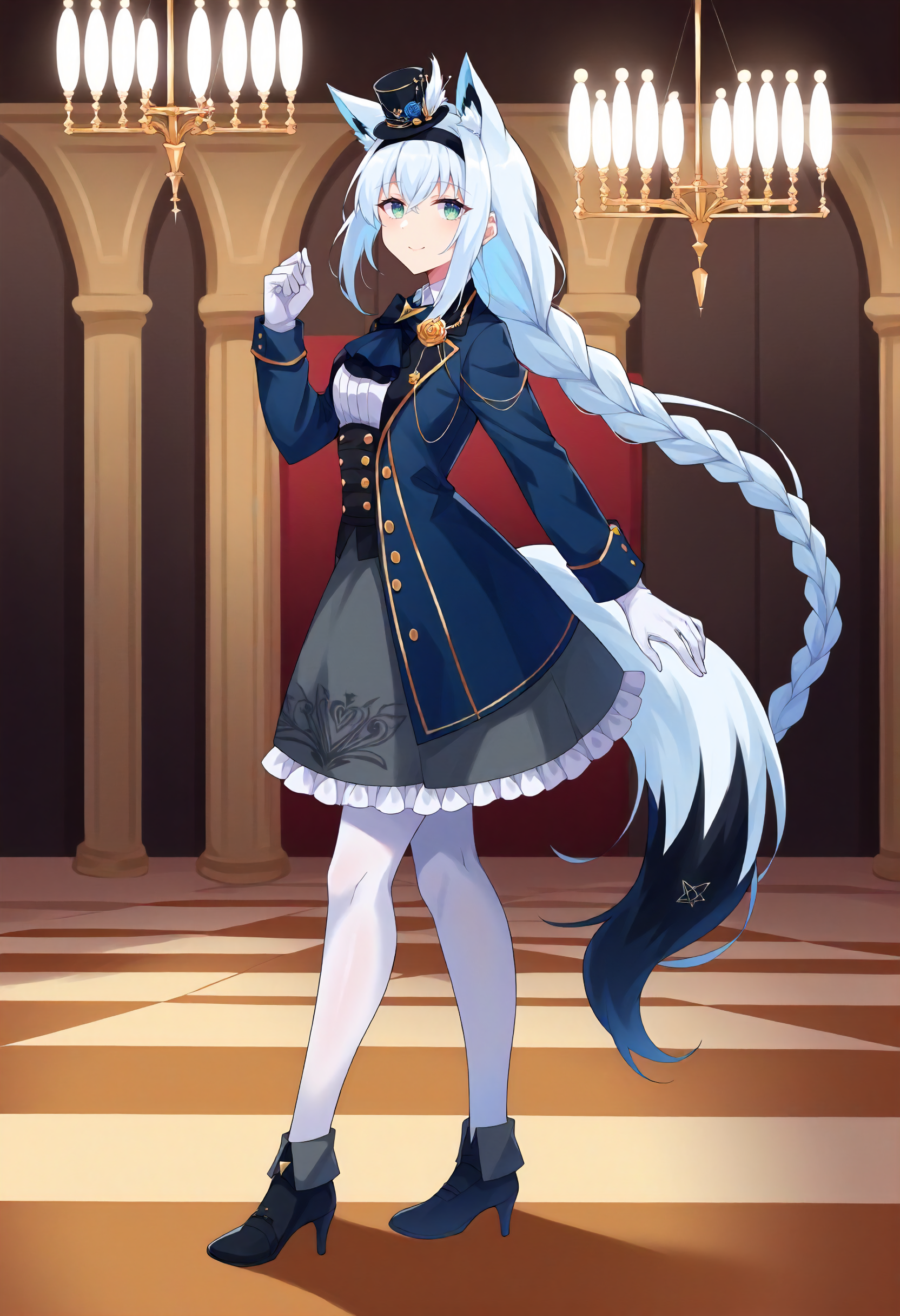 score_9, score_6_up, source_anime, 1girl, indoors, chandelier, light smile, full body, from side, looking back, BREAK fubuki_elegant, braided ponytail, blue coat, blue ascot, corset, collared shirt, grey skirt, frilled skirt, white pantyhose, white gloves, mini top hat, hairband, blue rose, white hair, piercing, fox tail <lora:shirakami_fubuki_sdxl_pony_v4:1>