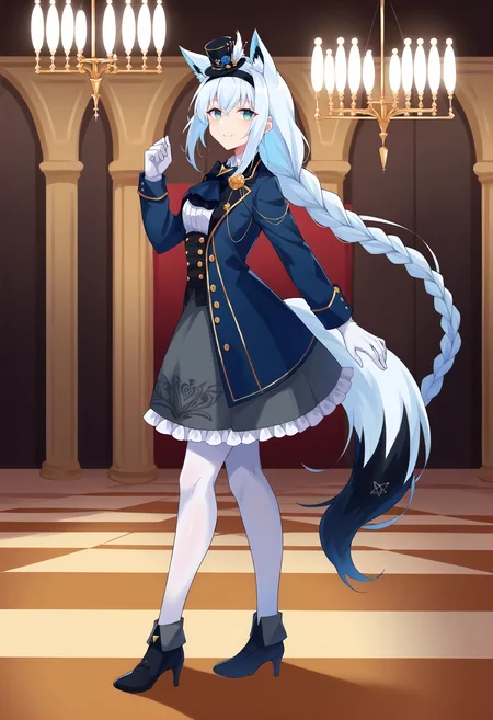 score_9, score_6_up, source_anime, 1girl, indoors, chandelier, light smile, full body, from side, looking back, BREAK fubuki_elegant, braided ponytail, blue coat, blue ascot, corset, collared shirt, grey skirt, frilled skirt, white pantyhose, white gloves, mini top hat, hairband, blue rose, white hair, piercing, fox tail <lora:shirakami_fubuki_sdxl_pony_v4:1>