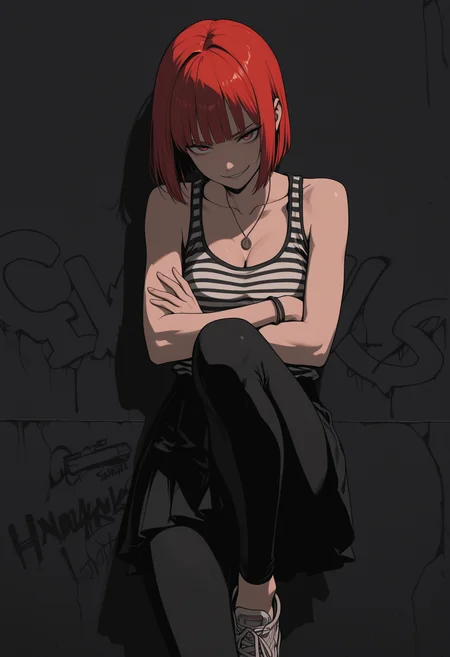 masterpiece,best quality,amazing quality,32k,ultra detailed, 1girl, solo, bob cut, red hair, sleek, straight, bangs, medium breast, cleavage, loose tank top, striped tank top (black and white strips), collarbone, athletic, skinny, leggings breeches, skirt, pendant, bracelets, tomboy appearance, smirk, crossed arms, knee up, foot leans against the wall, sneackers, look at viewer, wall on the background, graffiti on the wall in banksy art style, dark theme, sharp focus, high contrast, urban aesthetic, portrait in street art style, ck70scf, sinozick_illu, mythan1m3, 7481llu, <lora:Sinozick_style:0.35> <lora:748cm_illu:0.35> <lora:ck-70s-scifi-IL:0.25> <lora:iLLMythAn1m3Style:0.3> <lora:illustriousXL_stabilizer_v1.23:0.3>