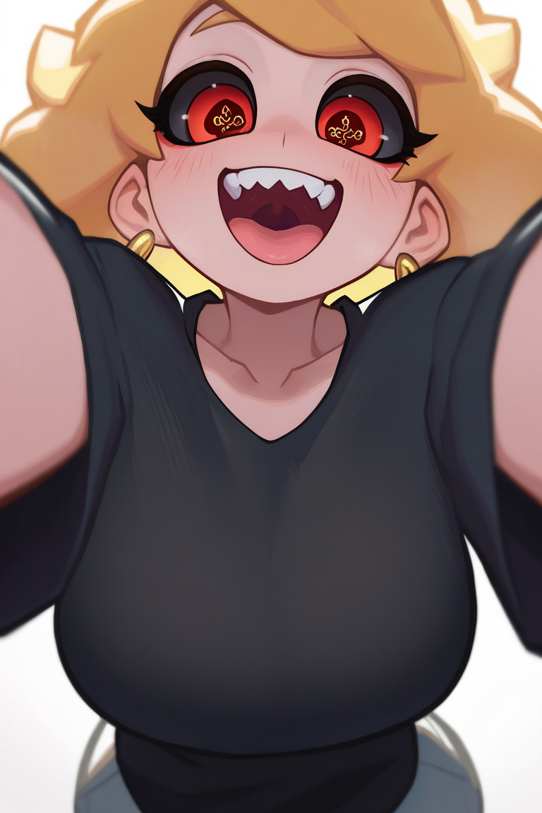 masterpiece,best quality,absurdres, amazing quality, hi res, masterpiece, best quality, detailed, amazing quality, detailed face, detailed eyes, clean eyes, best quality, highres, very aesthetic, newest, ultra-detailed, illustration, (best quality:1.1),ultra-detailed, high resolution, super detailed skin, beautiful detailed eyes, nsfw, Brightly Lit, Highly Visible, 8k, sharp focus, beautiful, perfect lighting, beautiful eyes, anatomically correct, anatomically correct face, extremely detailed eyes, smooth edges, beautiful face, symmetrical eyes, symmetrical face, BREAK newest, (volumetric lighting, scenery), 
BREAK Mevak_PS, 1girl, smile, white background, short hair, huge breasts, jewelry, hoop earrings, looking at viewer, blonde hair, simple background, arms up, open mouth, red eyes, black shirt, short sleeves, collarbone