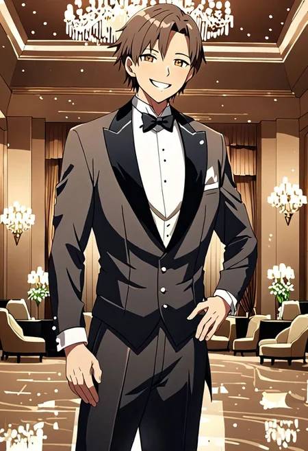 high resolution, solo, best quality, 1Boy, Takaki Toono, Brownish Hair, Brown Eyes, luxury hotel, Ballroom, tuxedo, smile, confident, OverallDetail