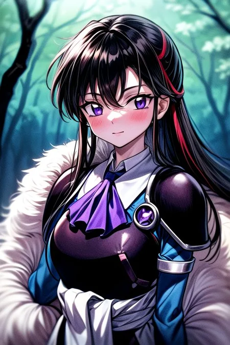 masterpiece, best quality 1girl Setsun4 solo long hair, (night time) forest background black hair very long hair purple eyes multicolored hair armor (fur trim) (medium body),<lora:EMS-179-EMS:0.800000>,<lora:EMS-293862-EMS:0.800000> bow, hair_bow, hair_tubes, red_bow, brown_hair, long_hair, bangs, ascot, frilled_bow, yellow_ascot, blush, smile, hair_between_eyes, athletic, armor, miko