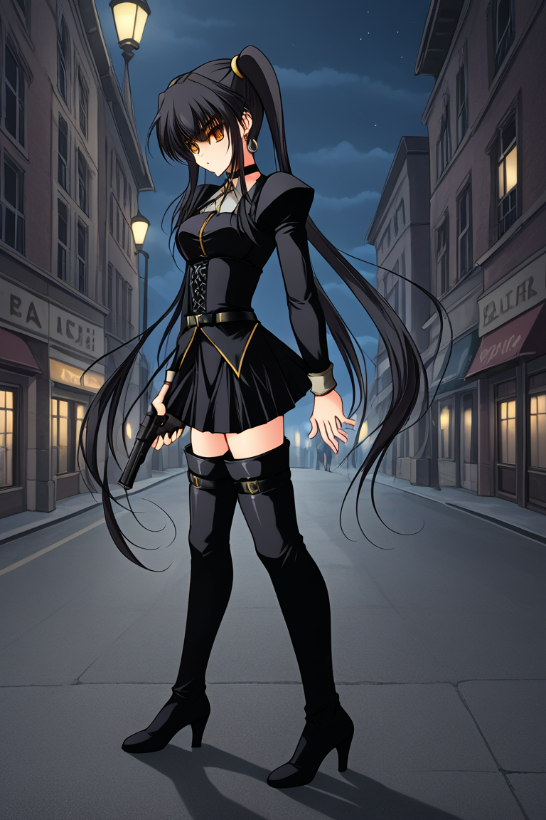 1girl, solo, nosogirenes, black hair, twintails, very long hair, sidelocks, yellow eyes, earrings, choker, black shirt, juliet sleeves, long sleeves, corset, belt, black skirt, thigh boots, high heels, full body, outdoors, city, street, night, holding, weapon, handgun, from side, serious, parted lips,