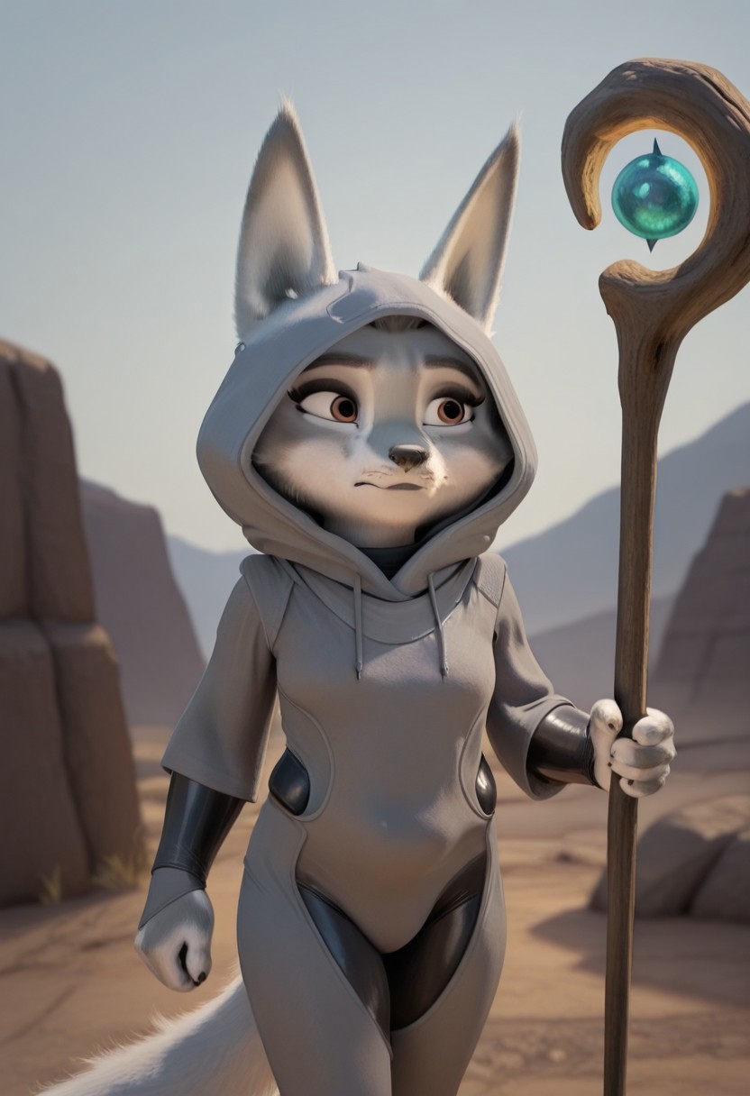 existyle, zhenkfp, solo, gray fur, shortstack, bodysuit, hoodie, staff, holding weapon, outdoors