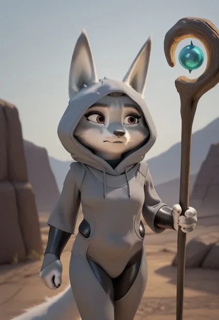 existyle, zhenkfp, solo, gray fur, shortstack, bodysuit, hoodie, staff, holding weapon, outdoors