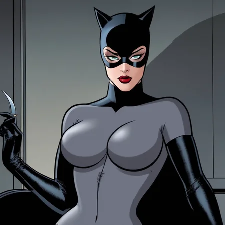 comic book art of <lora:Catwoman:1.2>
Catwoman a naked nipples cartoon character dressed as grey catwoman in a dark room In Gotham City Universe, comic art, graphic novel illustration