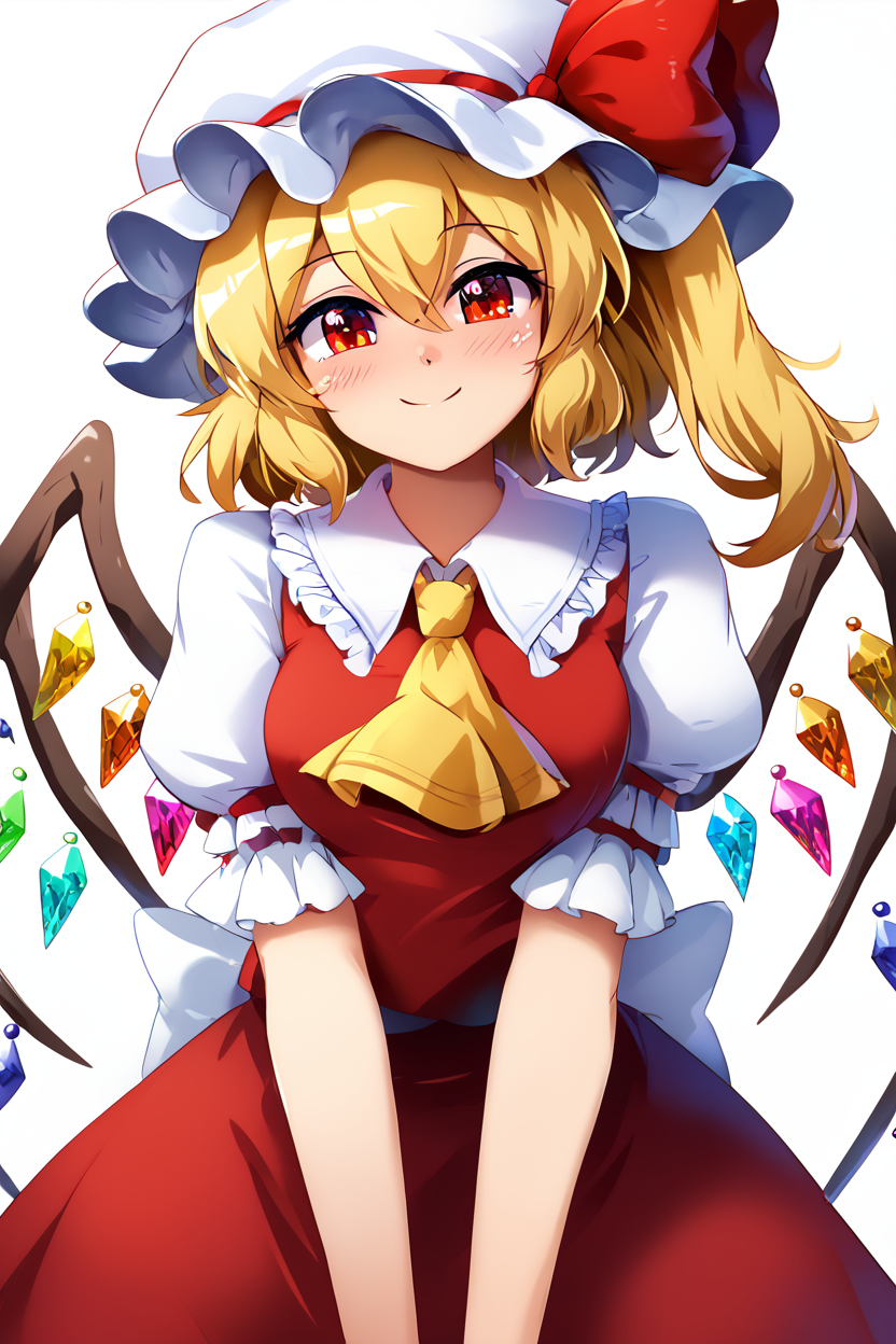 score_9, score_8_up, score_8, medium breasts, (curvy), cute, eyelashes,       BREAK, ,  ,,,  zzFlandre, red eyes, blonde hair, one side up, hair between eyes,  wings, ascot, red skirt, hat ribbon, short sleeves, puffy sleeves, mob cap, red shirt,  <lora:FlandreTouhou_PDXL:0.8>,   ,,, , BREAK, smile, closed mouth, looking at viewer, cowboy shot, ,,, embedding:zPDXL, Expressiveh, ,,, <lora:Konpeto_PDXL_v3:1.0>, <lora:SDXLFaeTastic2400:0.5>, <lora:Expressive_H-000001:0.4>,
