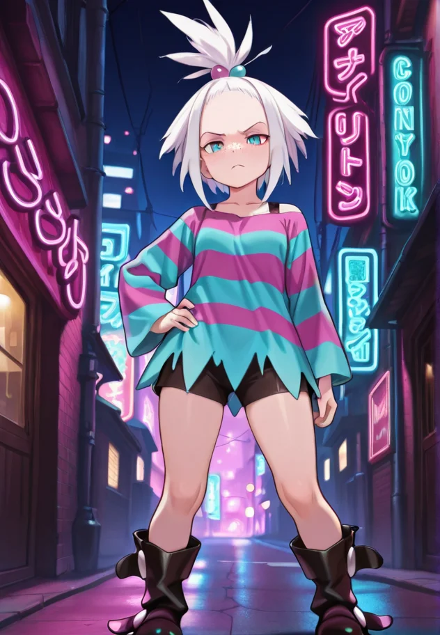 masterpiece, best quality, amazing quality, very aesthetic, absurdres, newest, detailed background,
roxie, 1girl, solo, looking at viewer, blue eyes, shirt, long sleeves, hair ornament, dress, closed mouth, standing, white hair, outdoors, boots, shorts, black footwear, striped clothes, hand on own hip, night, frown, black shorts, spiked hair, hair bobbles, building, bike shorts, forehead, freckles, legs apart, striped shirt, road, platform footwear, striped dress, topknot, knees, bra strap, city lights, neon lights, platform boots, short hair, two-tone dress, cowboy shot
<lora:Roxie_-_Pokemon_Illustrious:1>