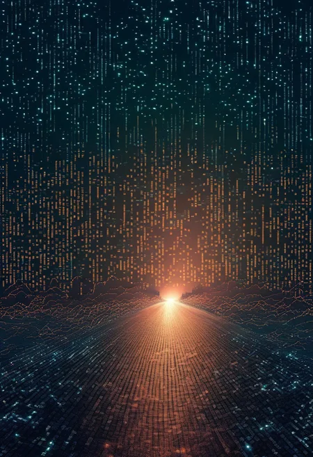 outdoors, sky, night, building, scenery, science fiction, city, road, cityscape, skyscraper, city lights, matrix, code, digital