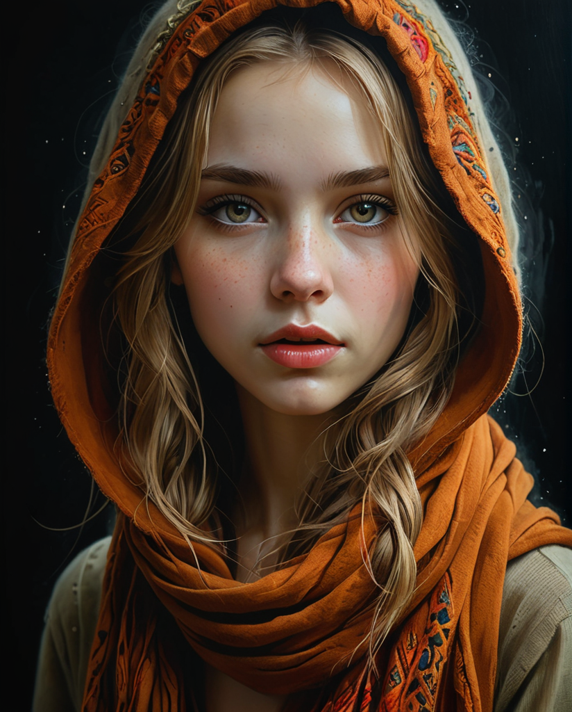 Drawing, full-length profile portrait of a girl, (Anna Dittmann), with wide hood, round face, loose hair, strands of hair covering the eyes and face, half-open lips, full lips, perfect and hyper-detailed light eyes, hair loose and messy brown, wool scarf on the head, earrings, black background, bright colors, sensuality, desire, side lighting, very high contrast, hard shadows, hyperrealistic, oil on canvas, paint strokes with a spatula, splashes