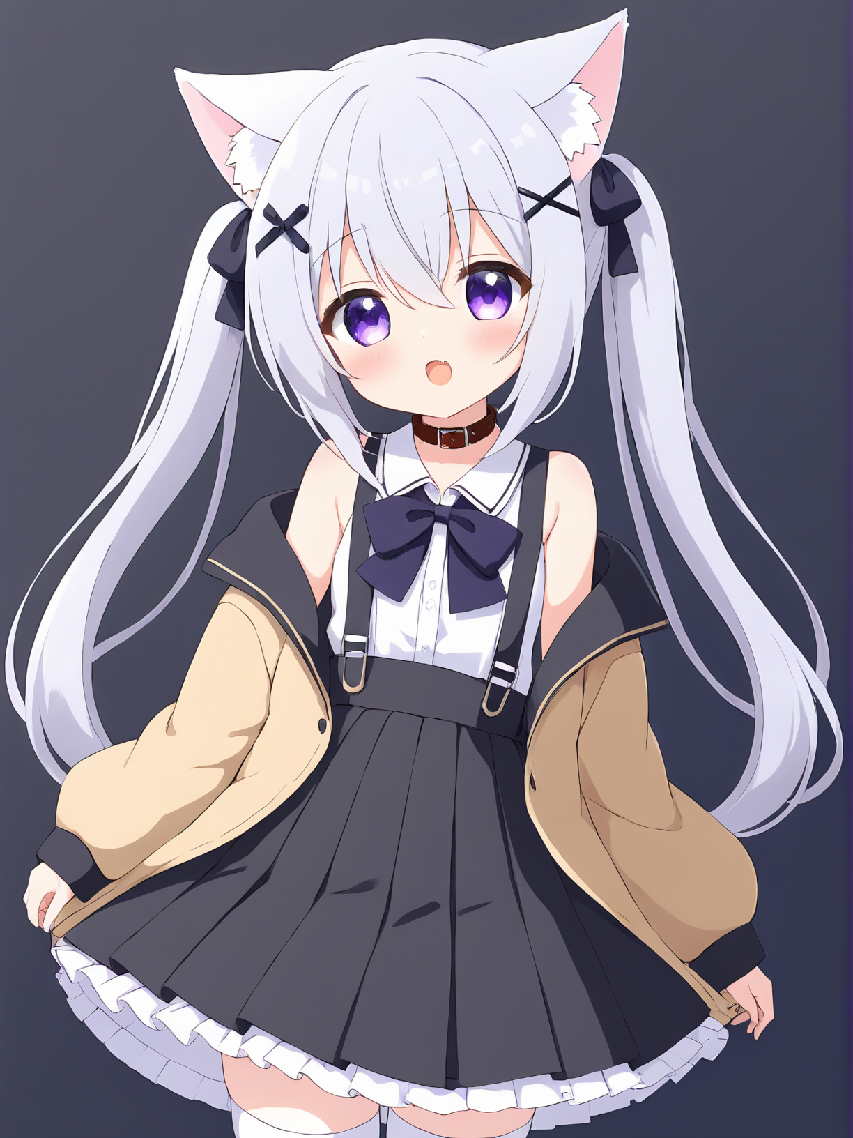 1girl,solo,animal ears,skirt,shirt,sleeves past wrists,thighhighs,white shirt,sleeves past fingers,twintails,frills,bow,black skirt,cat ears,twitter username,long hair,bangs,white thighhighs,blush,animal ear fluff,off shoulder,long sleeves,looking at viewer,hair ornament,fang,suspender skirt,jacket,frilled skirt,black bow,pleated skirt,open clothes,suspenders,very long hair,sleeveless,x hair ornament,hair between eyes,:o,sleeveless shirt,grey hair,hairclip,open jacket,white hair,open mouth,purple eyes,standing,puffy long sleeves,cat girl,hair bow,puffy sleeves,bare shoulders,high-waist skirt,collar,<lora:Animation illustration style supplementary model-SDXL-Locon-2025.1.16-version1-64-32-16-8:0.5>,